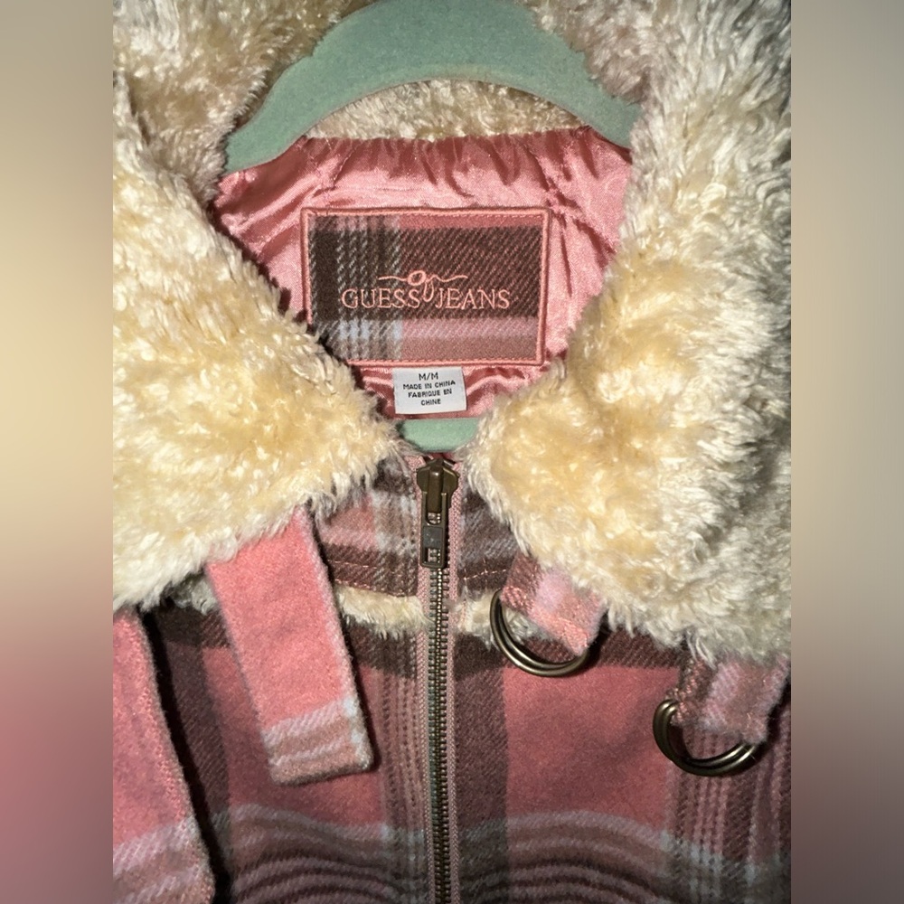 vintage Guess jeans wool blend plaid bomber coat with sherpa accents sz M EUC LN - Picture 2 of 15